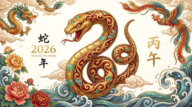 Ornate golden snake illustration representing the year twenty twenty six featuring traditional chinese motifs like dragons phoenixes and vibrant flowers on a textured off white background