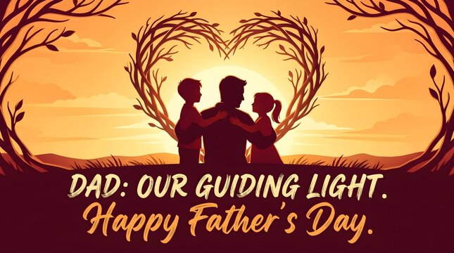 Silhouette illustration of a loving father hugging his young son and daughter inside a beautiful golden heart shaped tree frame during a warm summer sunset