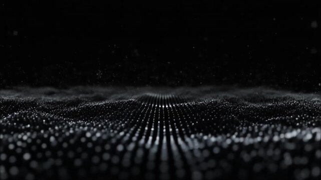 Graphite black metallic particles emerge through deep matte black background with subtle charcoal reflections, volumetric lighting and cinematic depth, creating refined monochromatic luxury aesthetic.
