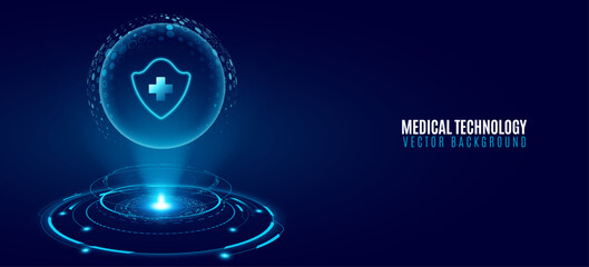 Glowing holographic sphere with a medical shield and cross floating above a high tech HUD circle. Medical cybersecurity concept for healthcare background or scientific research presentation. Vector.