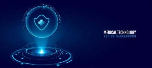Glowing holographic sphere with a medical shield and cross floating above a high tech HUD circle. Medical cybersecurity concept for healthcare background or scientific research presentation. Vector. © sersupervector