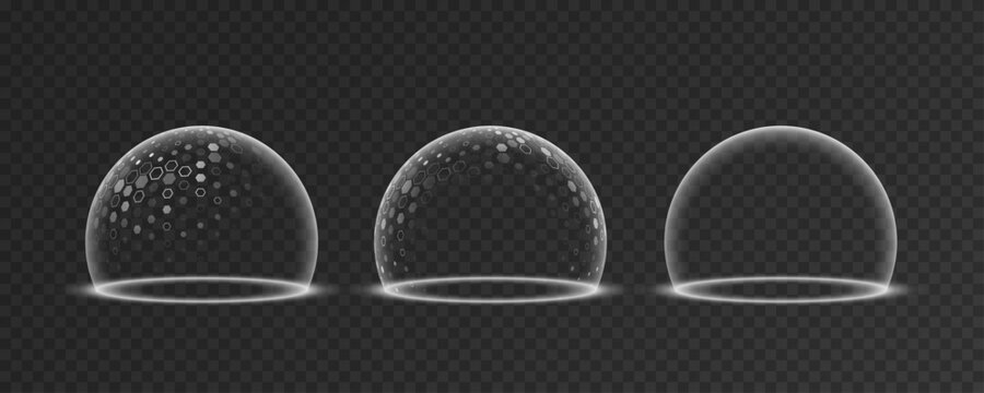 Set of transparent protective dome shields with clean glass effect and hexagonal digital pattern. Futuristic barrier elements suitable for cybersecurity or virtual gaming. Vector illustration.