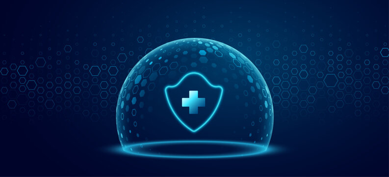 Glowing holographic protective dome shield with medical cross and blue hexagonal pattern for healthcare tech background. Medical security and biotechnology concept. Vector illustration.