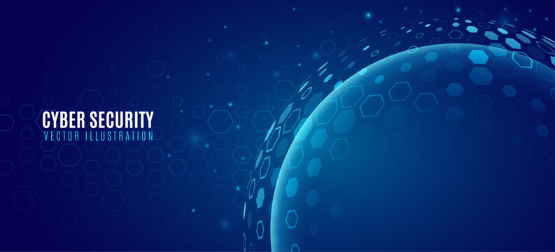 Modern cybersecurity background featuring a futuristic blue digital sphere with a glowing hexagonal pattern symbolizing data protection or network security. Vector illustration.