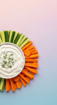 A creamy white vegetable dip served in a ceramic bowl, surrounded by fresh cucumber slices and carrots on a soft pastel gradient background, dipping, party, gradient