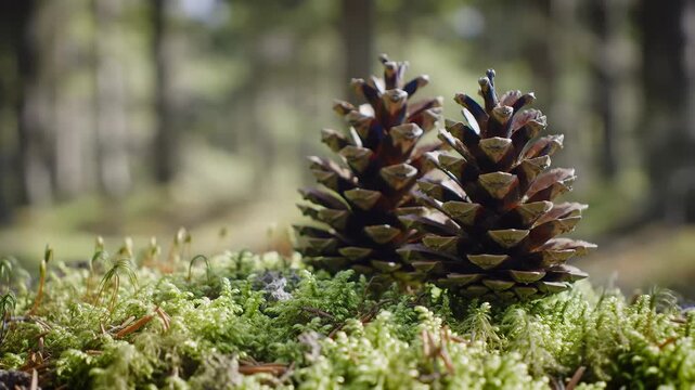 Two pine cones sit atop vibrant green moss with a blurred forest backdrop