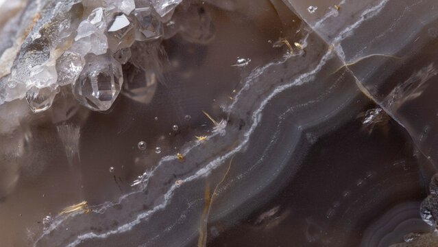 Macro top-down view of grey banded agate with quartz crystal geode