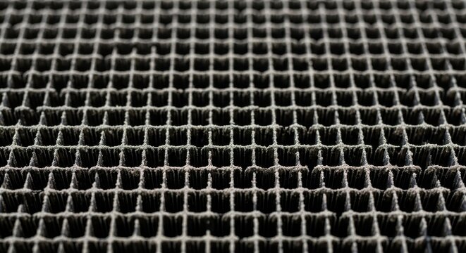 Extreme close-up of a detailed industrial metallic honeycomb grille with repeating geometric patterns