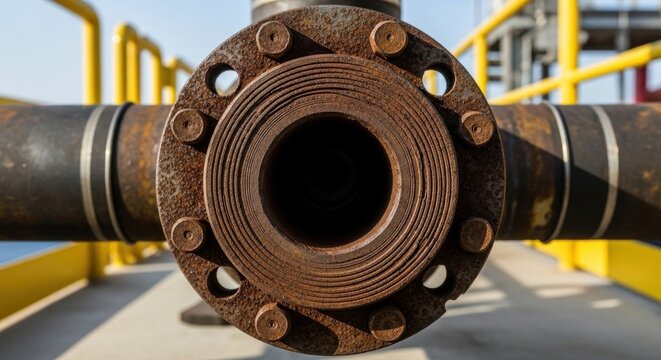 Extreme Close-up of a Rusted Industrial Pipeline Flange Connection