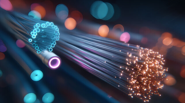 macro composition highlighting texture of fiber optic cable tips emitting blue and cyan light, glowing dual tone folder icon at end of stream represents organized cloud data, warm sunlight creates 