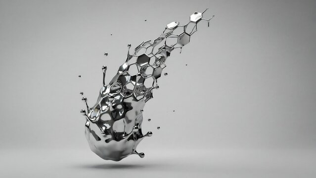 Grey metallic liquid splash with hexagonal shapes on transparent background