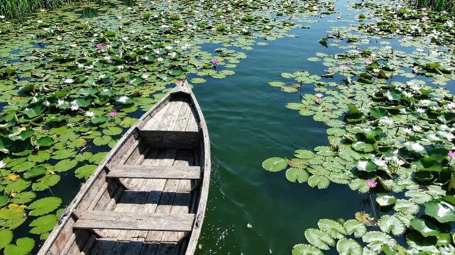 High Angle View of an Empty Wooden Boat Floating on a Water Lily Pond