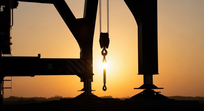 Industrial crane hook silhouetted against a vibrant sunset during construction operations