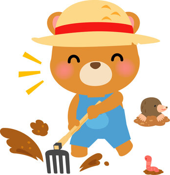 鍬で土を耕すクマのキャラクター