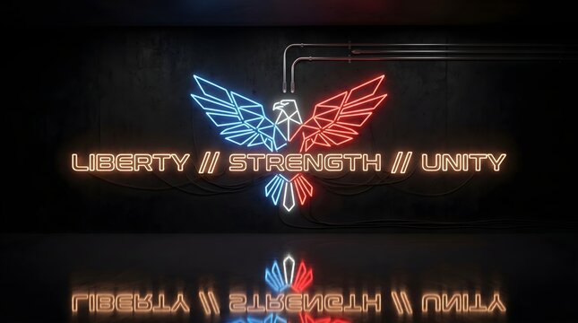 Glowing neon eagle emblem featuring red and blue geometric wings with golden text saying liberty strength and unity displayed on a dark textured concrete wall background