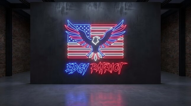 Bright neon sign featuring a stylized bald eagle soaring over the american flag with edgy patriot text displayed on a dark concrete wall at night