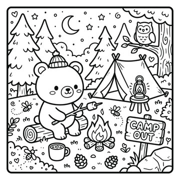 Cute bear camping coloring page for kids, cartoon teddy roasting marshmallow by campfire vector line art, forest night campsite with tent outline illustration