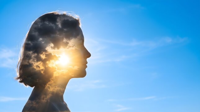 Mindfulness and Mental Wellness Concept with Double Exposure Woman Silhouette Against Bright Blue Sky