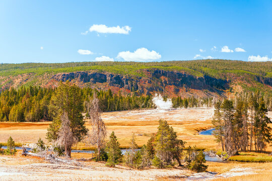 The Firehole River flows through the Upper Geyser Basin. Yellowstone National Park