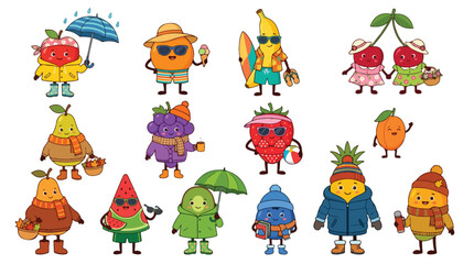 Fototapeta premium Colorful cartoon fruits and vegetables dressed in various outfits and accessories standing on a white background