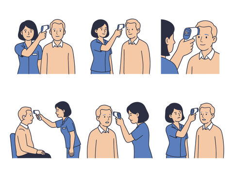 Nurse takes temperature with infrared thermometer, showing different expressions