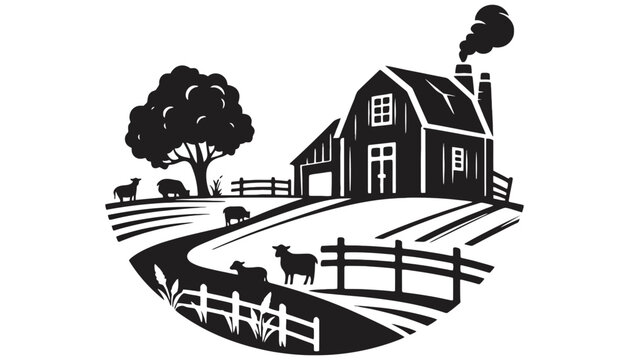 Imagine prompt: rustic farm scene with sheep and barn icon