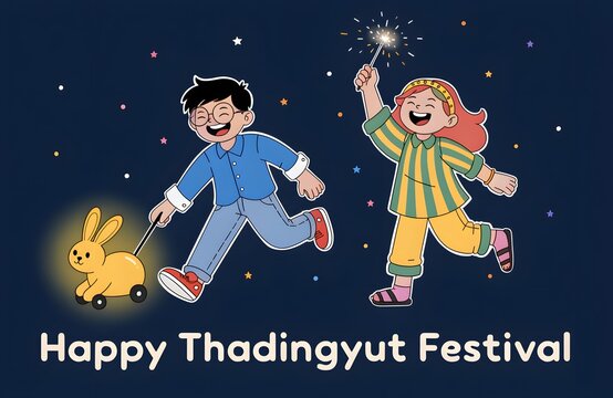 Happy Thadingyut Festival Greeting Card with Cartoon Children