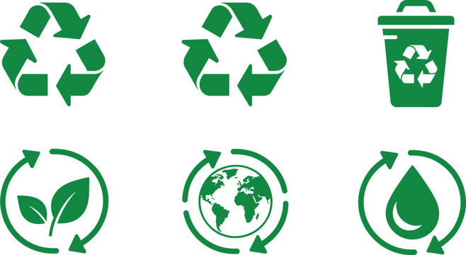 Green recycling icon set featuring ecology symbols planet earth water drop leaf and trash bin vector illustration for sustainability