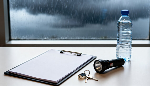 Clipboard water flashlight and keys by rainy window for storm safety checklist