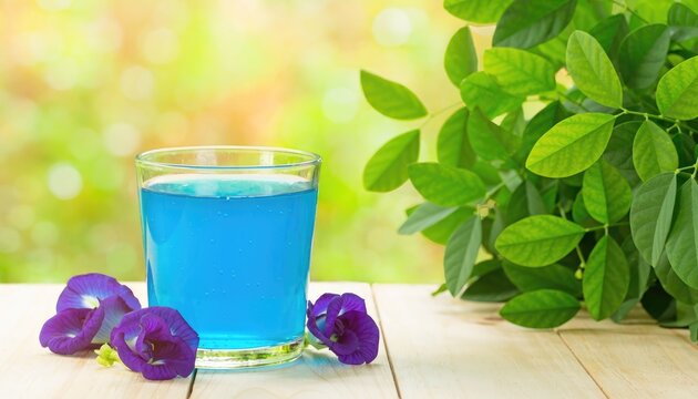 A refreshing glass of butterfly pea flower tea on a wooden table with fresh flowers and leaves.