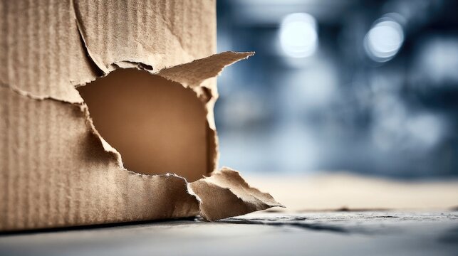 Close-up of a damaged corrugated cardboard box with a large tear and hole, symbolizing shipping damage, poor packaging, product protection, warehouse handling and e-commerce delivery issues.