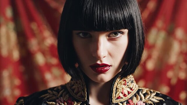 Elegant woman with black bob and red lipstick wearing ornate embroidered jacket against red backdrop
