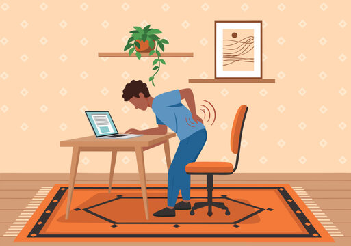 Man slouches over desk with laptop on office chair in home workspace environment