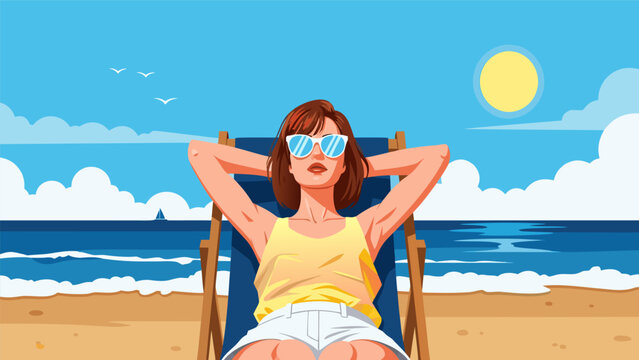 Woman relaxes on beach chair by ocean waves under sunny sky with sunglasses