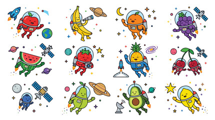 Fototapeta premium Colorful cartoon alien stickers with fruits and space objects on a white background for kids