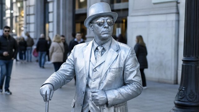 Professional Street Performer as Silver Living Statue in City Center