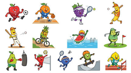 Fototapeta premium Collection of various cartoon fruits engaging in different sports activities and exercises with tennis rackets, bicycles, and skateboards