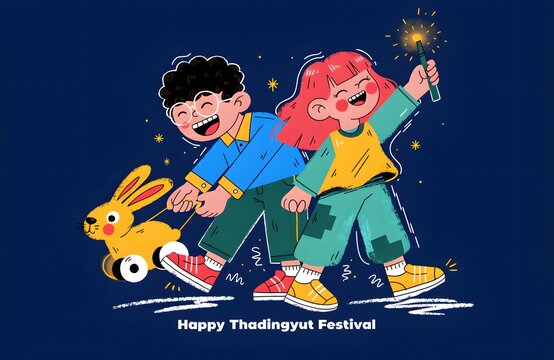 Happy Thadingyut Festival Banner with Cute Cartoon Children