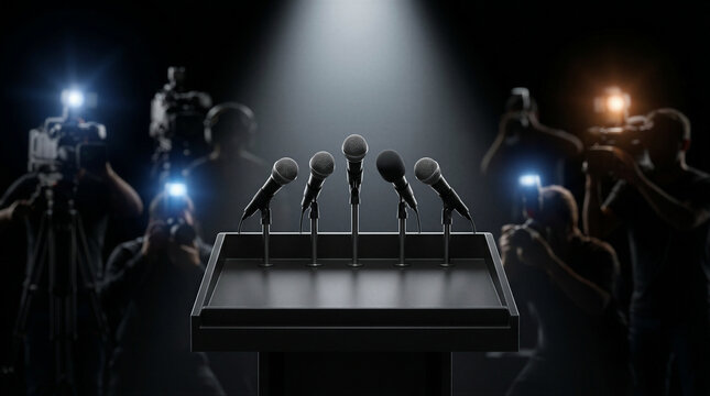 Press conference podium with microphones and blurred camera flashes