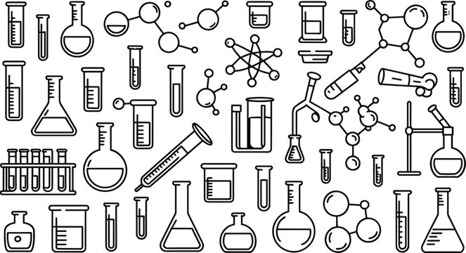 Chemistry laboratory outline icon pattern vector illustration featuring scientific test tubes chemical flasks molecules and experiment apparatus symbols