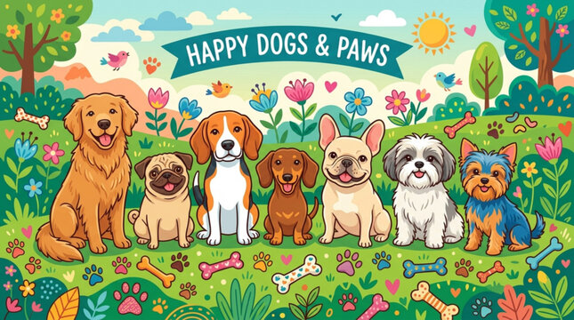 Cute cartoon dogs sitting in a colorful garden with flowers bones and a banner reading happy dogs paws on a sunny day with prints accompanied banner