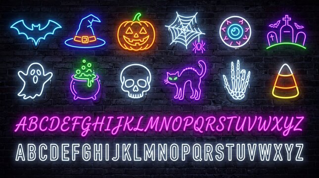 A collection of colorful Halloween neon icons, including pumpkins, ghosts, and bats, accompanied by two styles of neon alphabet fonts on a dark brick wall.