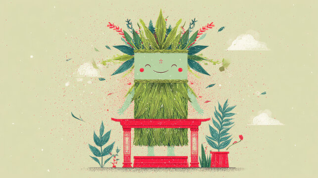 Cute grass puppet guardian mascot character smiling illustration green red