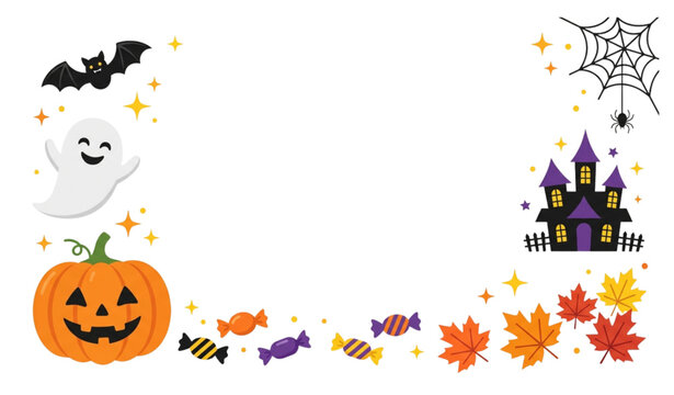 Modern Halloween Poster Background with Pumpkin Ghost Bat and Autumn Elements Vector Illustration