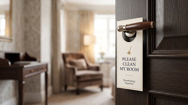 Hotel Room Service Request: A 'Please Clean My Room' sign hangs on the door handle of a tastefully decorated hotel room, hinting at an imminent service request and the promise of a refreshed space.