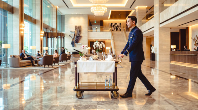 Hotel Concierge Service: A well-dressed hotel concierge pushes a service cart filled with amenities through a luxurious lobby, exemplifying upscale hospitality and guest service.