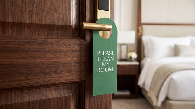 Please Clean My Room Sign: A hotel room door is ajar, with a green Please Clean My Room sign hanging from the brass handle, revealing a neatly made bed and bedside table in the background.