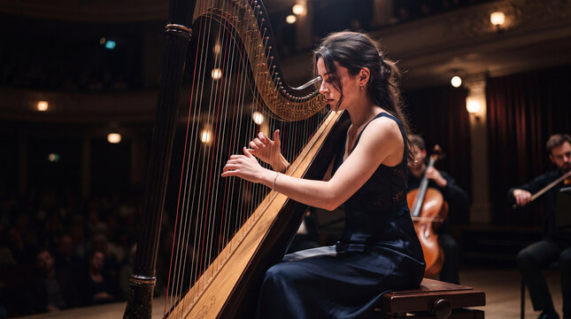 Harpist in Concert Hall: A focused harpist performs on a grand harp on stage in a dimly lit concert hall, with other musicians visible in the background.