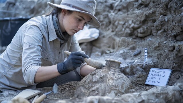 Professional Female Archaeologist Carefully Cleaning Ancient Artifact During Excavation Process at Historical Dig Site