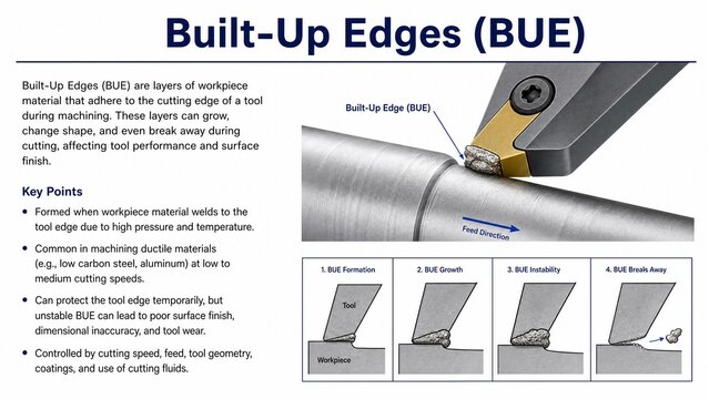 Educational Infographic Explaining Built-Up Edges BUE in Metal Machining and Lathe Tool Turning